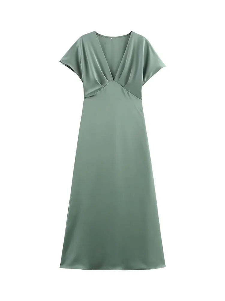 Elegant l Solid Satin Midi Dress With V Neck And Short Sleeves