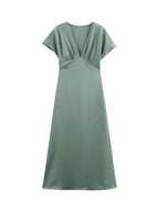 Elegant l Solid Satin Midi Dress With V Neck And Short Sleeves