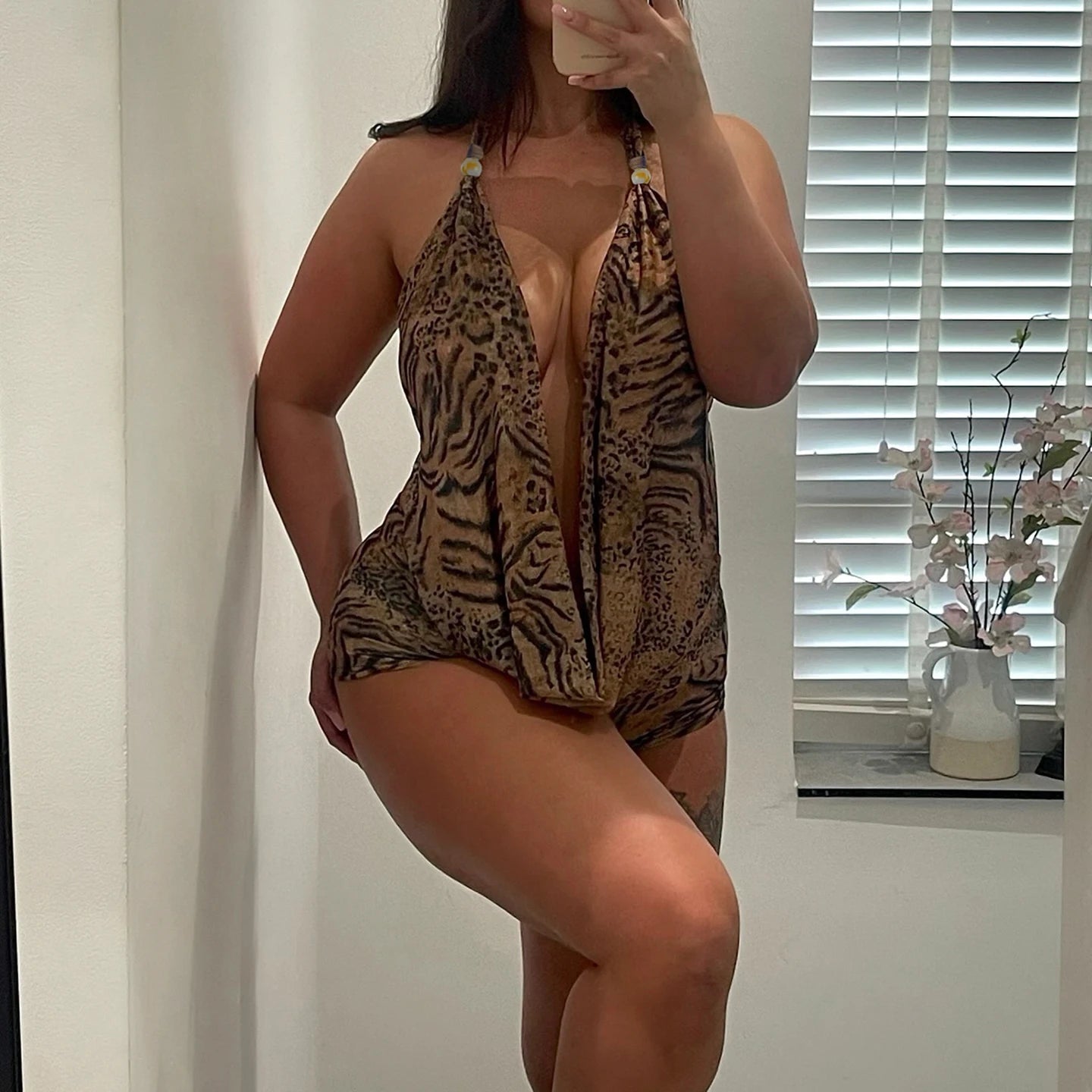 Leopard Print two piece Set Halter Crop Top With Deep V Backless Low Rise Shorts Outfit