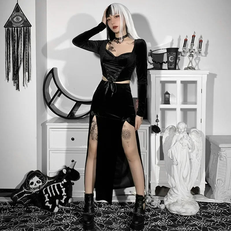 Punk High Waist Skirt With Bow Side Split Knee Length