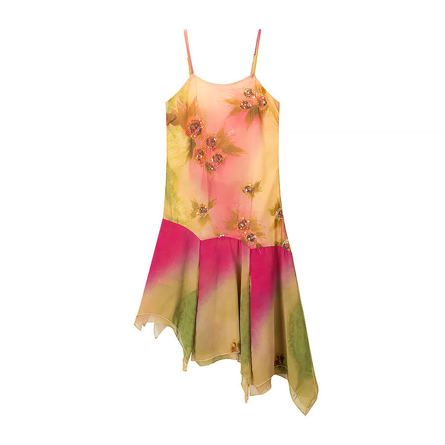 Floral Off Shoulder Sequined Dress With Irregular Hem