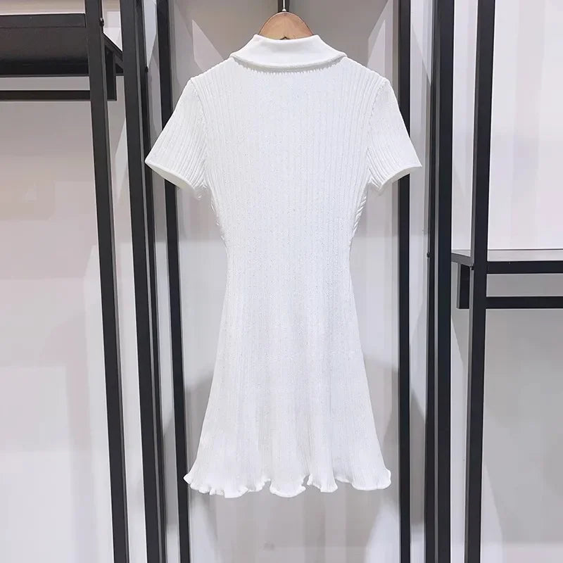 Polo Neck Knit Dress With Elastic Slim Fit And Multi Pocket Wrapped Hip Skirt