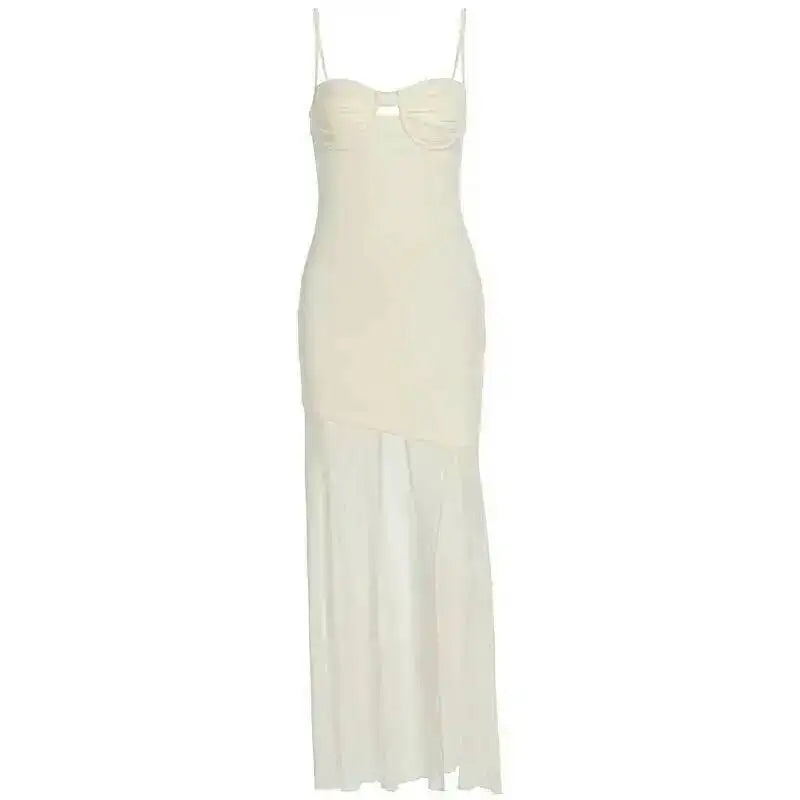 Backless Hollow Mesh Spaghetti Strap Gown Elegant Long Evening Dress