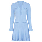 Pearl Beaded Knit Dress With Flare Sleeves And V Neck