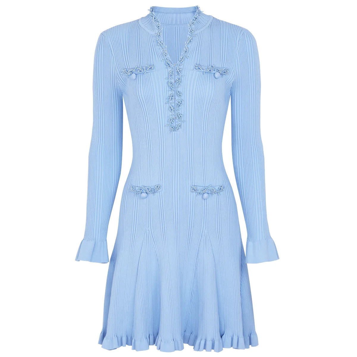 Pearl Beaded Knit Dress With Flare Sleeves And V Neck