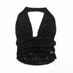 Lace Two Piece Set With Halter Backless Crop Top And Tie Waist Capri Pants See Through