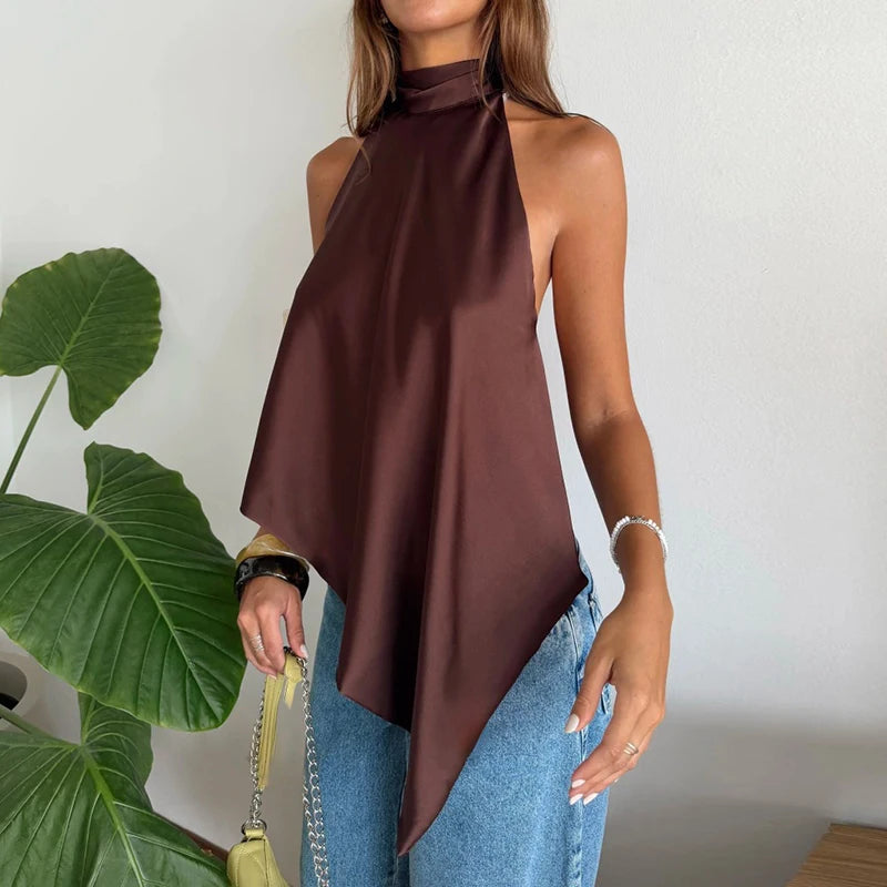 Backless Hollow Out Halter Tank Top With Pleated Detail