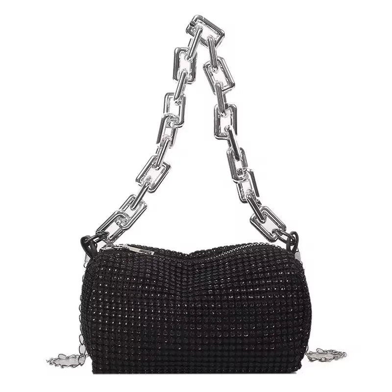 Mini Crossbody Rhinestone Bucket Bag With Glitter Chain Purse