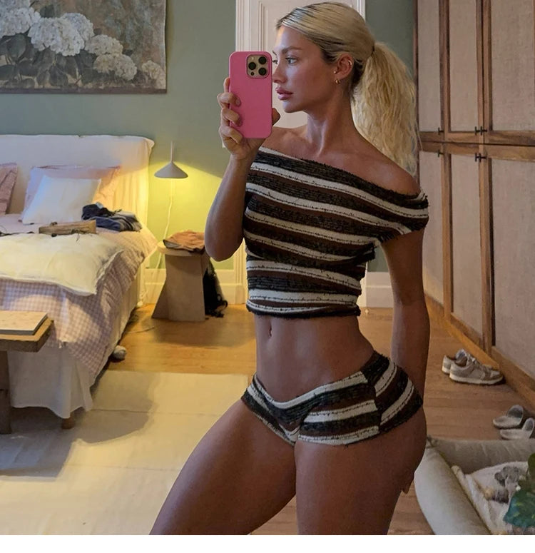Striped Two Piece Crop Top And Shorts Set Summer Chic