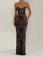 Elegant Backless Strapless Tulle Maxi Dress With Patchwork Print Off Shoulder Evening Gown