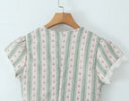 Green French Style Floral Sexy Mini Bohemian Women V-neck Striped Ruffles Dress