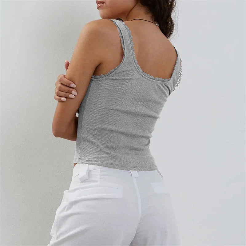 Coquette Lace Trim Knit Crop Top With Bow Sleeveless Square Collar