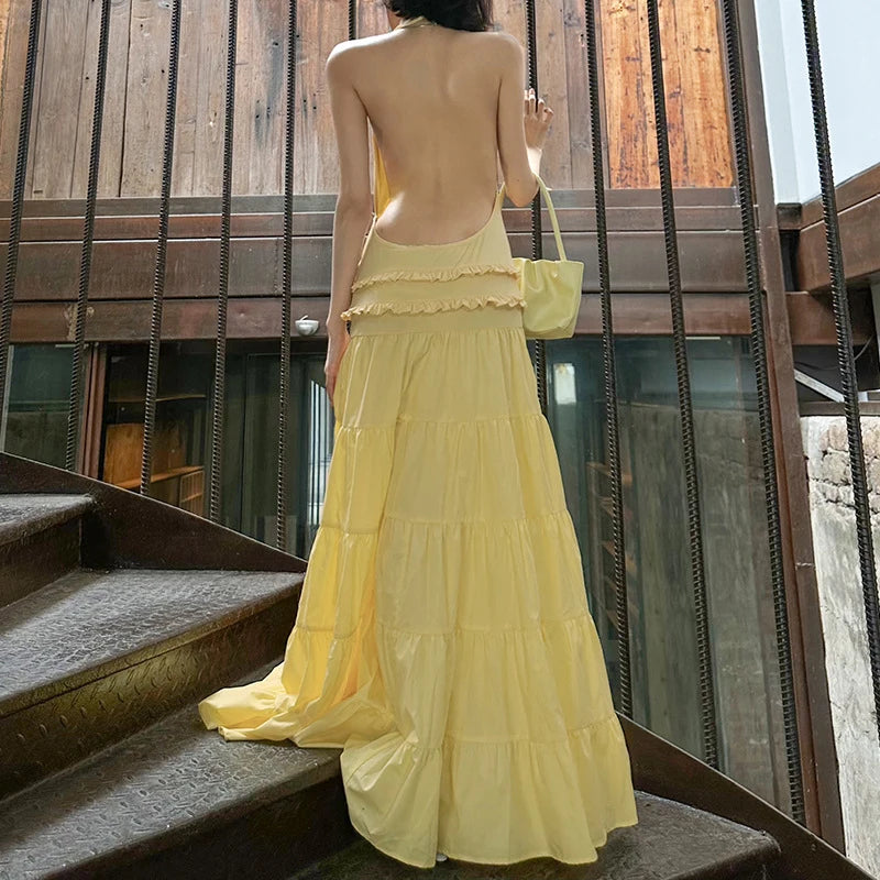 Off Shoulder Backless Evening Dress With Pleats And Ruffled Edges Diagonal Collar Floor Length