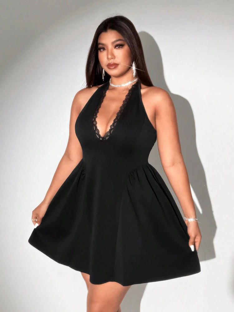 Plus Size Lace Trim V Neck Sleeveless Puff Evening Dress