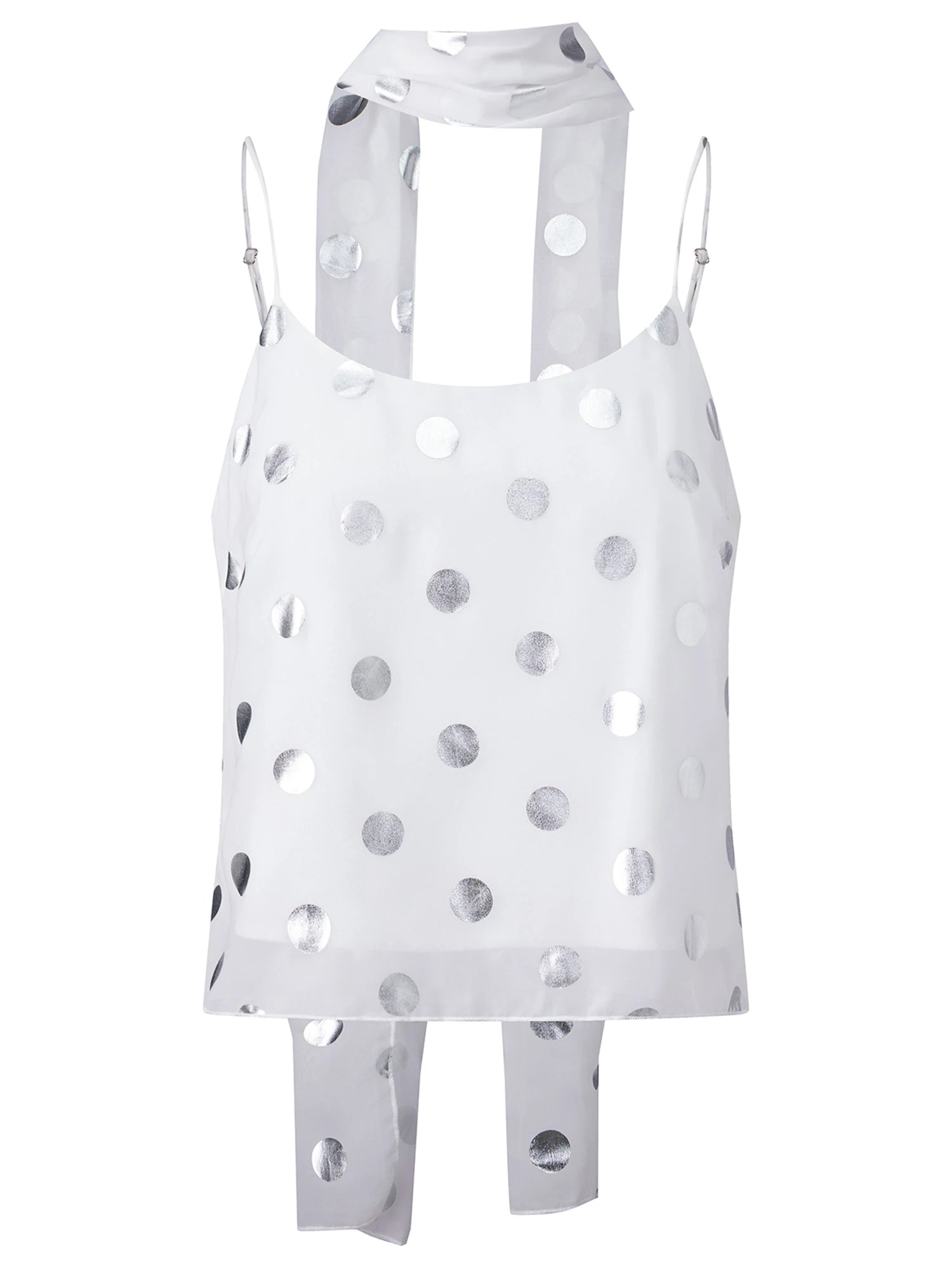 Shiny Sequins Polka Dot Camisole Backless Round Neck Top With Scarf
