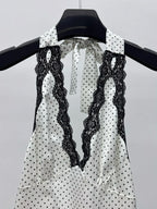 Satin Halter Mini Dress With V Neck And Polka Dot Lace Trim Backless