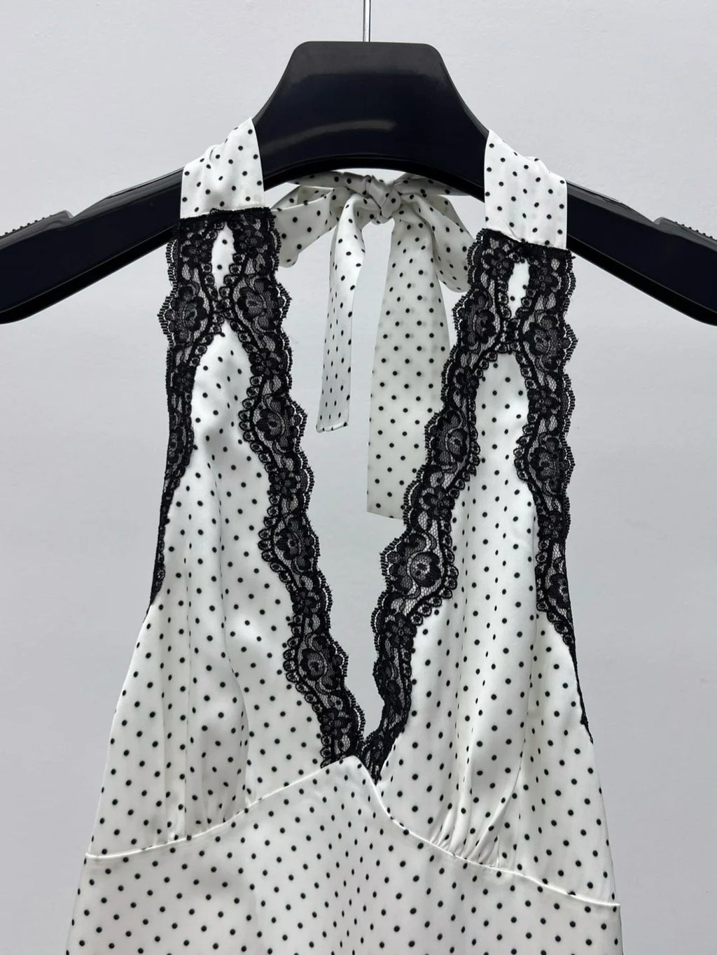 Satin Halter Mini Dress With V Neck And Polka Dot Lace Trim Backless
