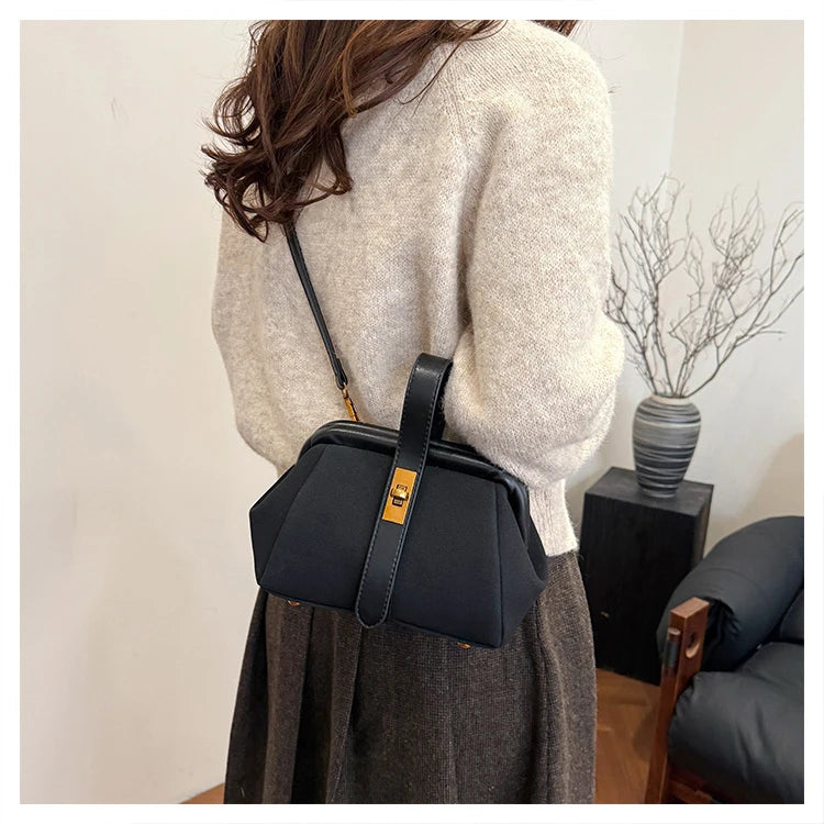 Luxe Faux Suede Frame Shoulder Bag With PU Accent Elegant Crossbody