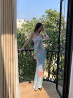 Floral Maxi Dress With Backless Design V Neck Halter Dress