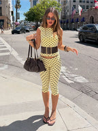 Retro Yellow Polka Dot Open Back Sleeveless Top And Capri Pants Set High Waist