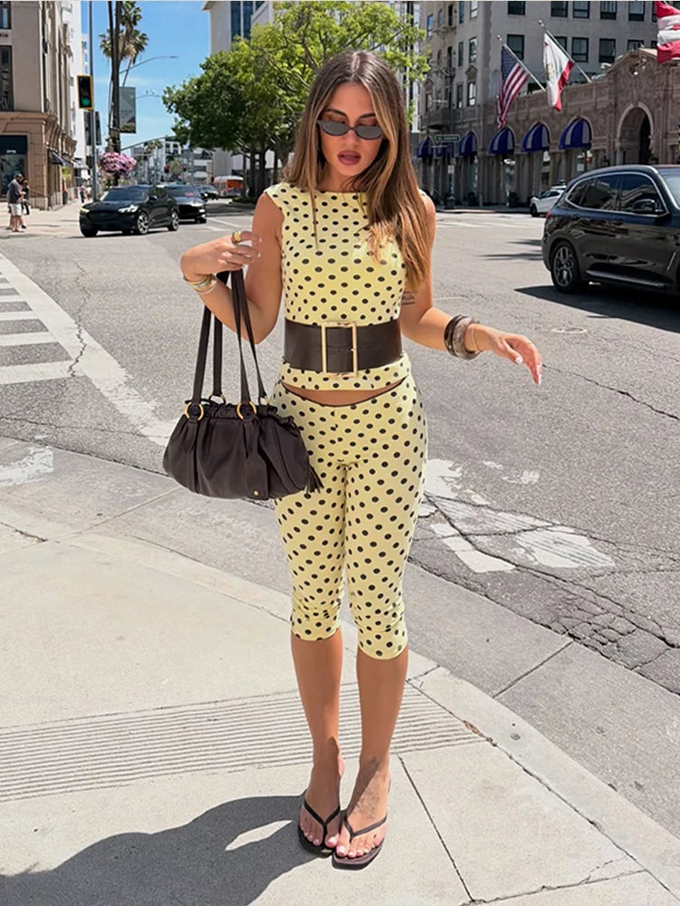 Retro Yellow Polka Dot Open Back Sleeveless Top And Capri Pants Set High Waist