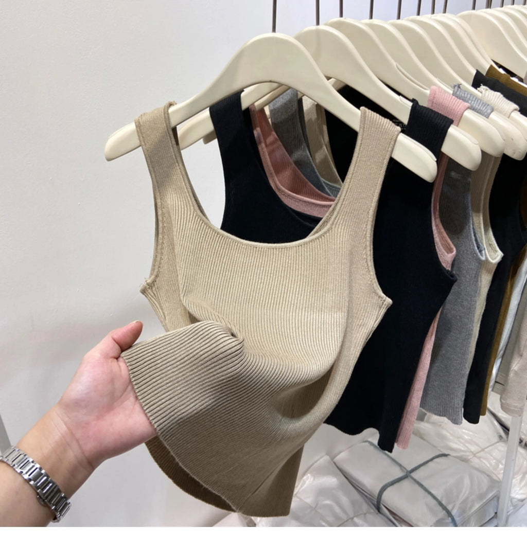 Knitted Strap Top With Clavicle Square Collar