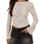 Women's Lace Tops Fashionable Bell Long Sleeve Backless Slim Fit