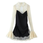 Lace Patchwork Mini Dress With Vintage Contrast Slim Long Sleeves