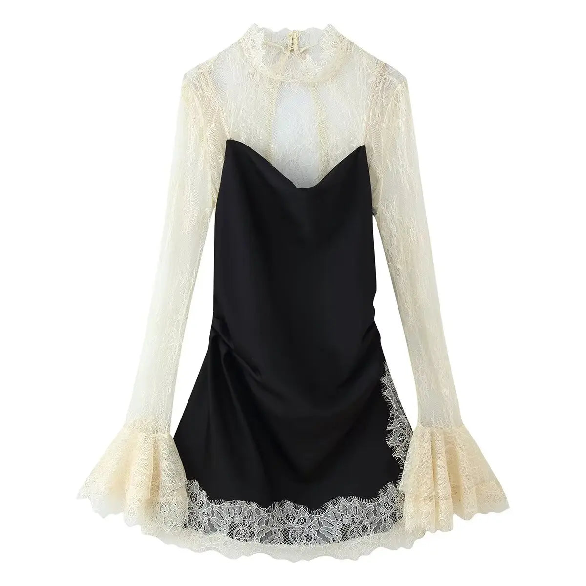 Lace Patchwork Mini Dress With Vintage Contrast Slim Long Sleeves