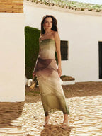 Gradient Flowy Chiffon Three Piece Set With Tube Top Tiered Skirt And Sheer Scarf