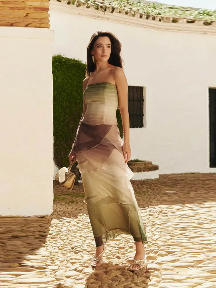 Gradient Flowy Chiffon Three Piece Set With Tube Top Tiered Skirt And Sheer Scarf