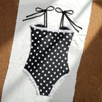 Vintage Black Polka Dot One Piece Swimsuit With Hollow Out Front And Bow Ruffle Lace Trim