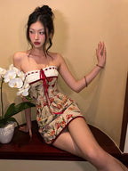 Ribbon Bow Women Lace Patchwork Art Print Folds Mini Body-con Dress