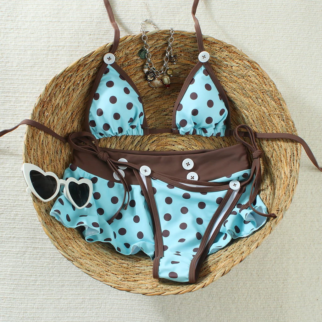 Polka Dot Three Piece Bikini Set With Cover Up Micro Swimsuit
