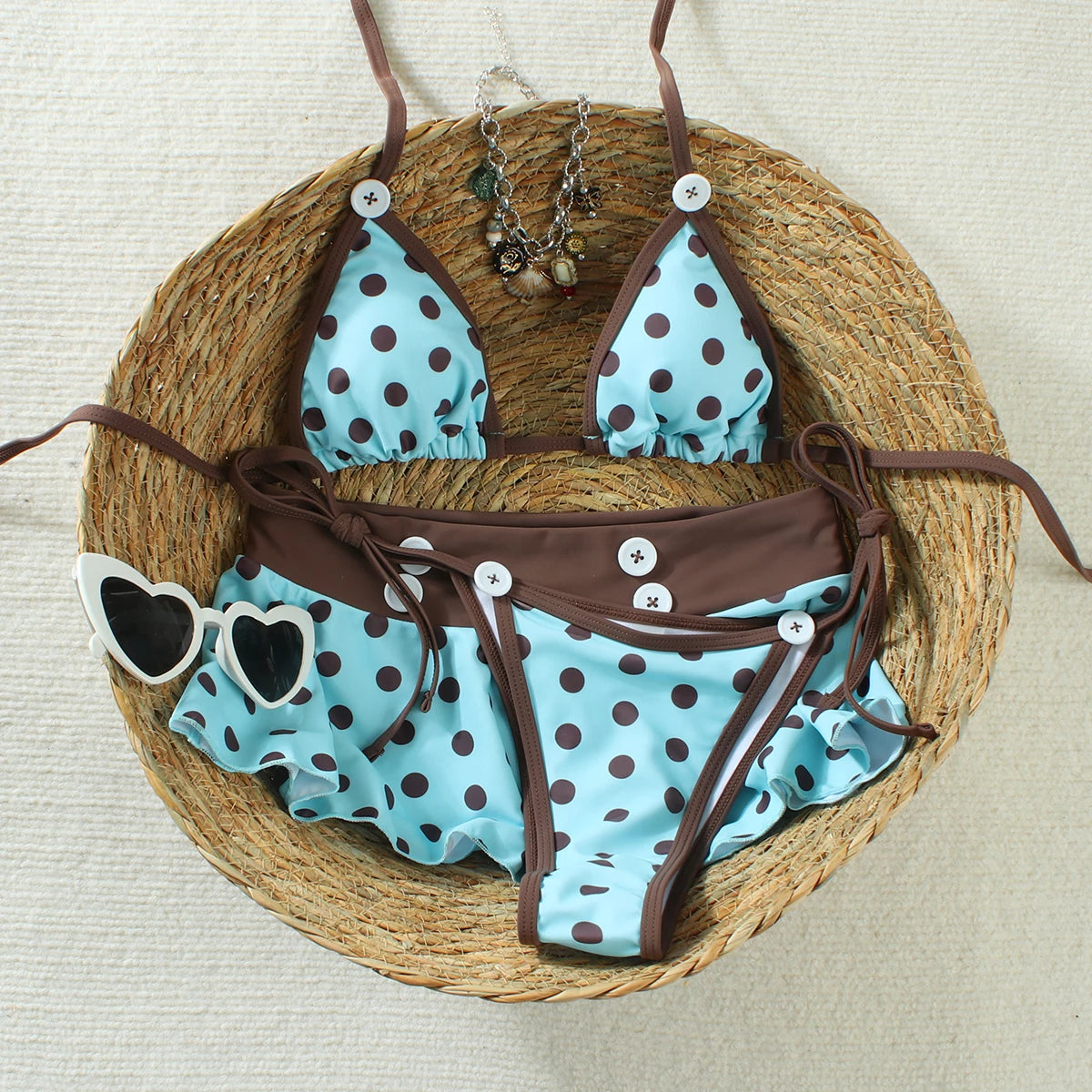 Polka Dot Three Piece Bikini Set With Cover Up Micro Swimsuit
