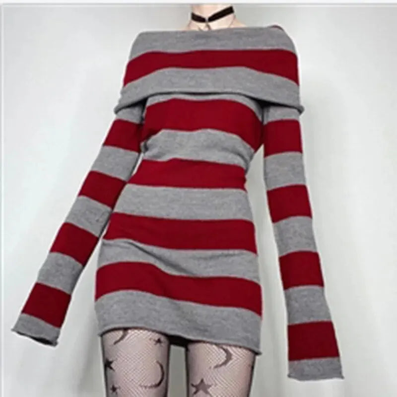 Striped Mini Bodycon Dress With Boat Neck And Off Shoulder