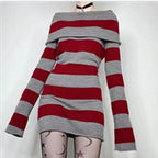 Striped Mini Bodycon Dress With Boat Neck And Off Shoulder
