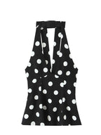 Women Fashion Sleeveless Backless Sexy Black Polka Dot Bow Neck Halter Top