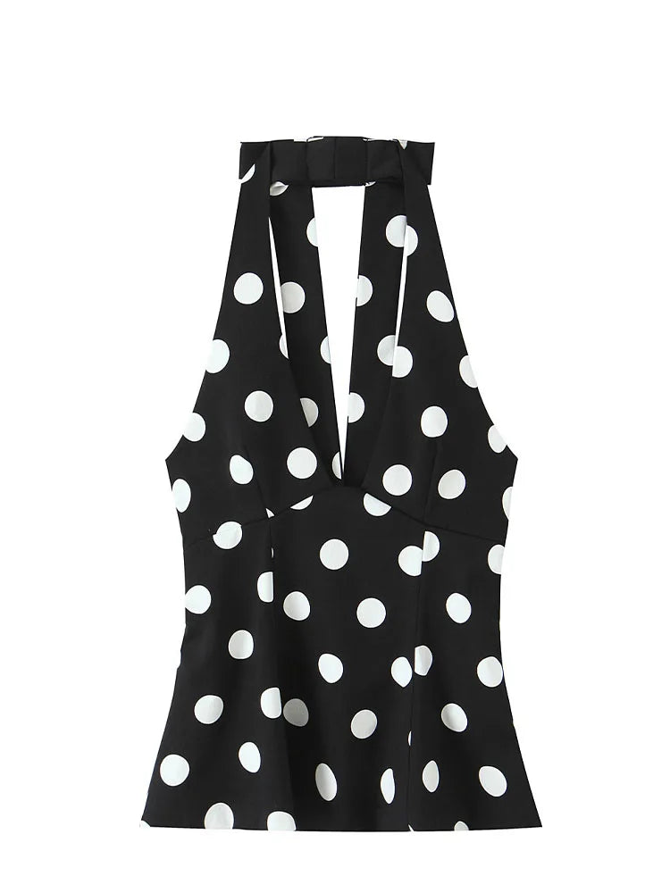 Women Fashion Sleeveless Backless Sexy Black Polka Dot Bow Neck Halter Top