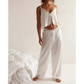 Satin Silk Pajamas Set Floral Lace Trim Tie Front Split Camisole Tops+ Straight Leg Pants 2Pcs Sleepwear