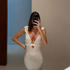 Knit Dress With Backless Hollow Out Lace Up Solid A Line Sleeveless