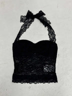 Elegant Lace Flora Halter Crop Top With Sheer Panel Lightweight Sleeveless Tank