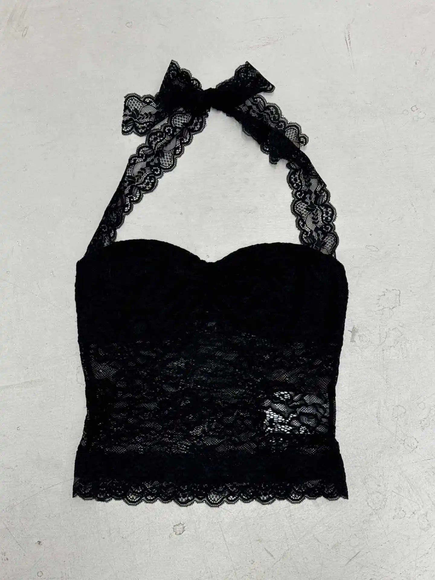 Elegant Lace Flora Halter Crop Top With Sheer Panel Lightweight Sleeveless Tank
