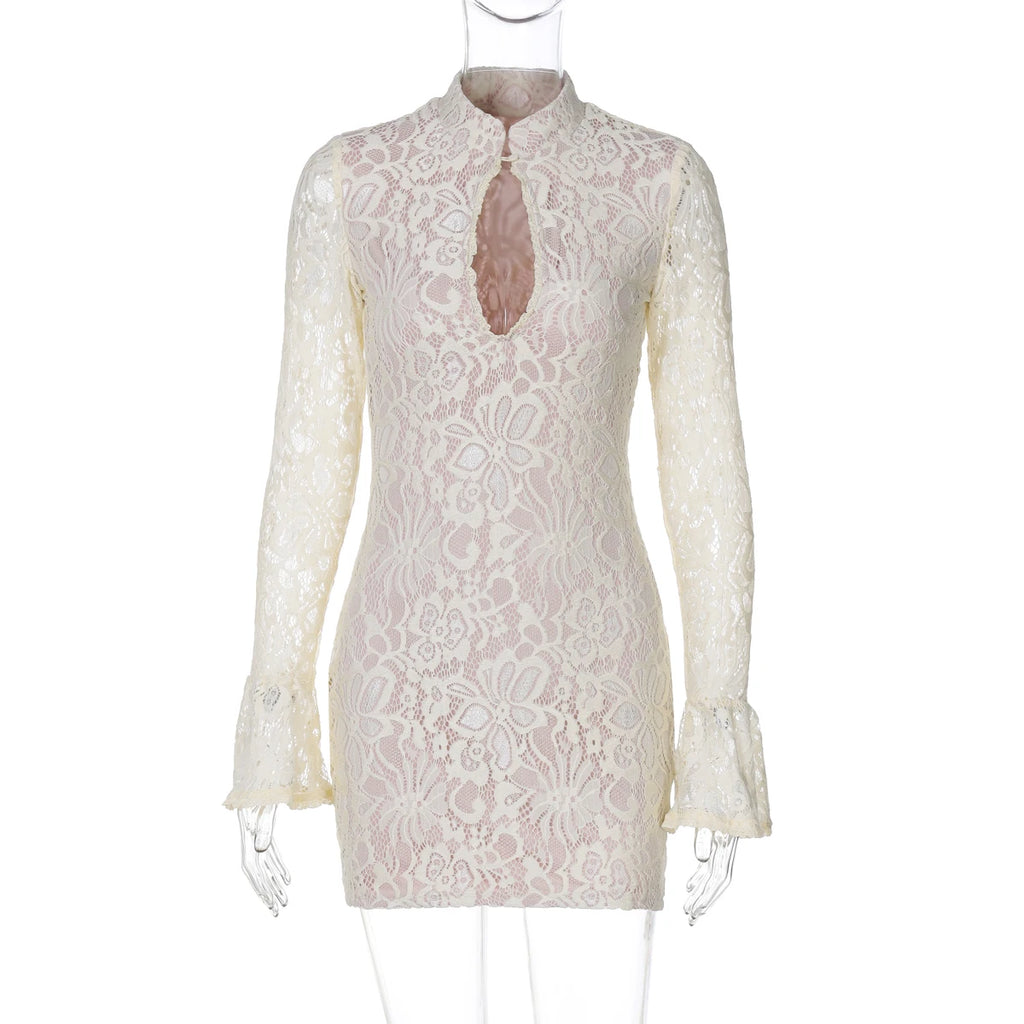Lace Patchwork Hollow Out Mini Dress With Turtleneck And Long Flare Sleeves
