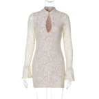 Lace Patchwork Hollow Out Mini Dress With Turtleneck And Long Flare Sleeves