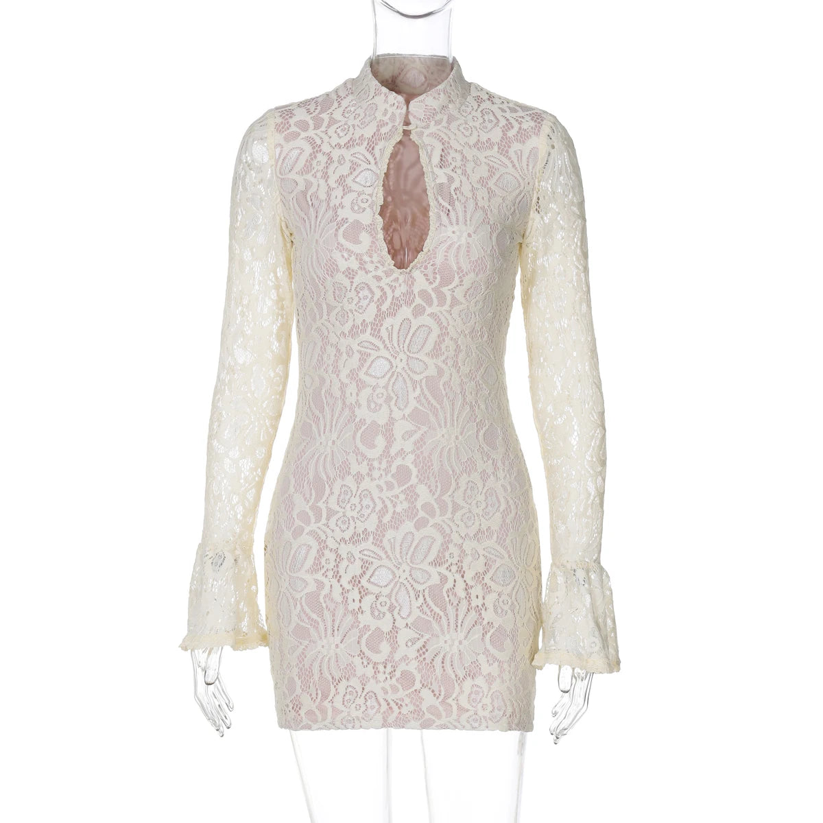 Lace Patchwork Hollow Out Mini Dress With Turtleneck And Long Flare Sleeves