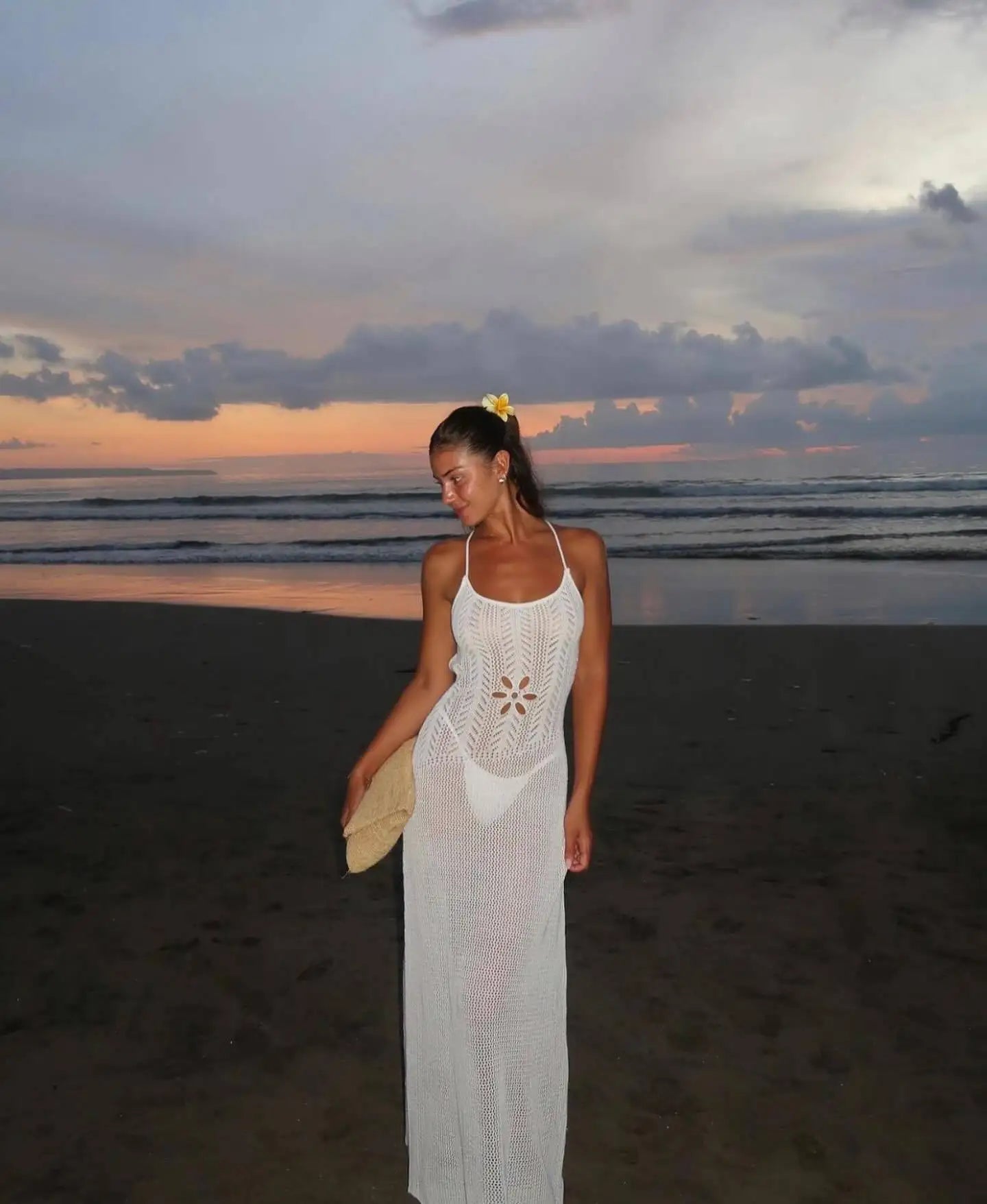 Floral Knit Strap Maxi Dress Backless Beach Cover Up For Summer Vacation And Resort Style