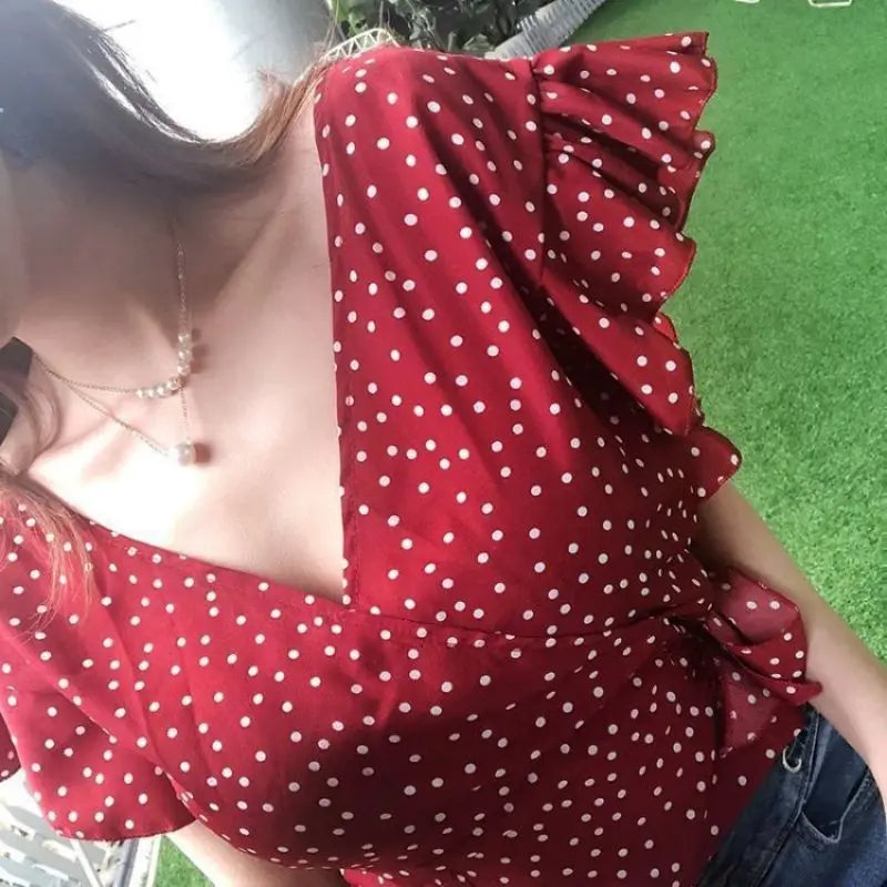 Polka Dot Chiffon Lace Up V Neck Blouse With Flowy Sleeves
