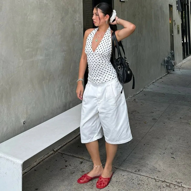Polka Dot Off Shoulder Backless Camisole Tank Top