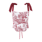 Sexy Women's Print Corset Top Bow Tie Straps Lacing Up Back Top